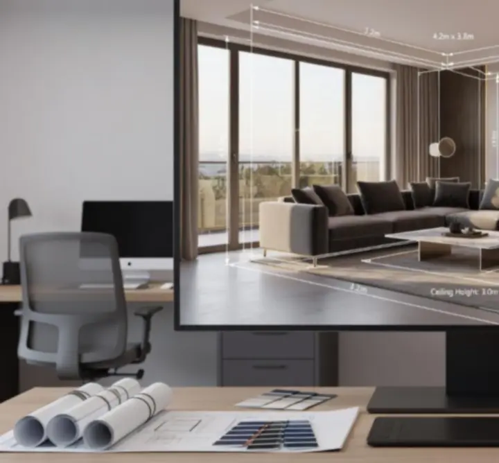 3D visualisation of an interior design concept presented on screen.