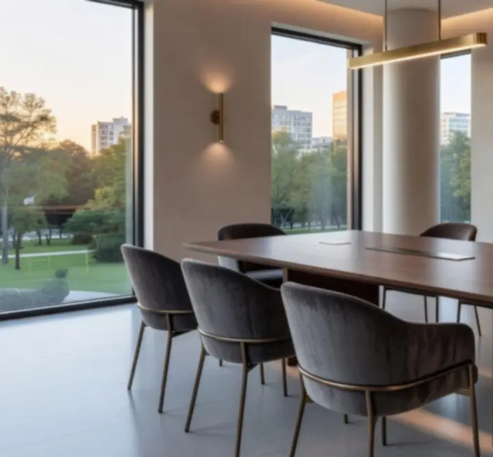 Minimal, contemporary meeting room prepared for a client design consultation