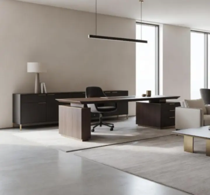Minimal, light-filled workspace interior with refined finishes and tailored furniture