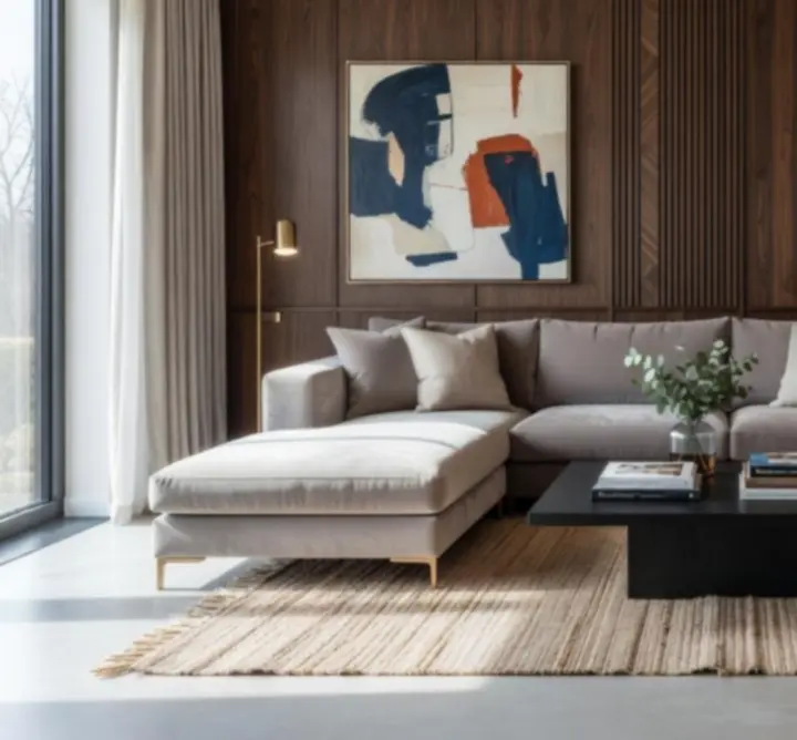 Open-plan contemporary workspace interior with soft neutral palette and tailored joinery