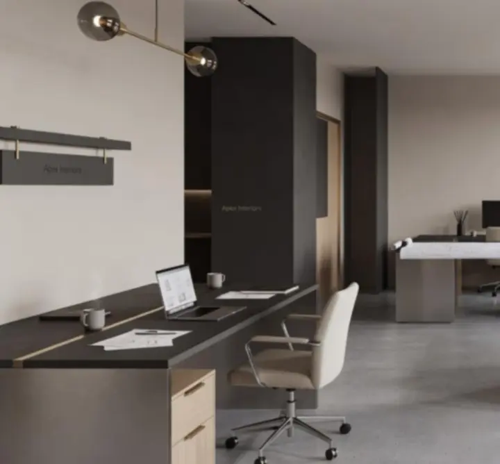 Modern workspace interior with collaborative seating and warm finishes