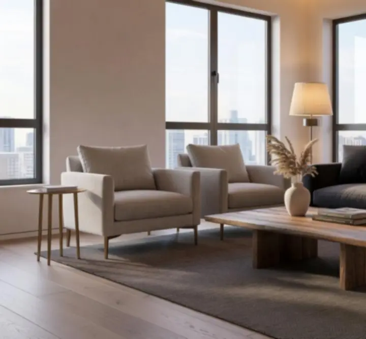 Minimal, luxurious residential interior with bespoke finishes and balanced layout
