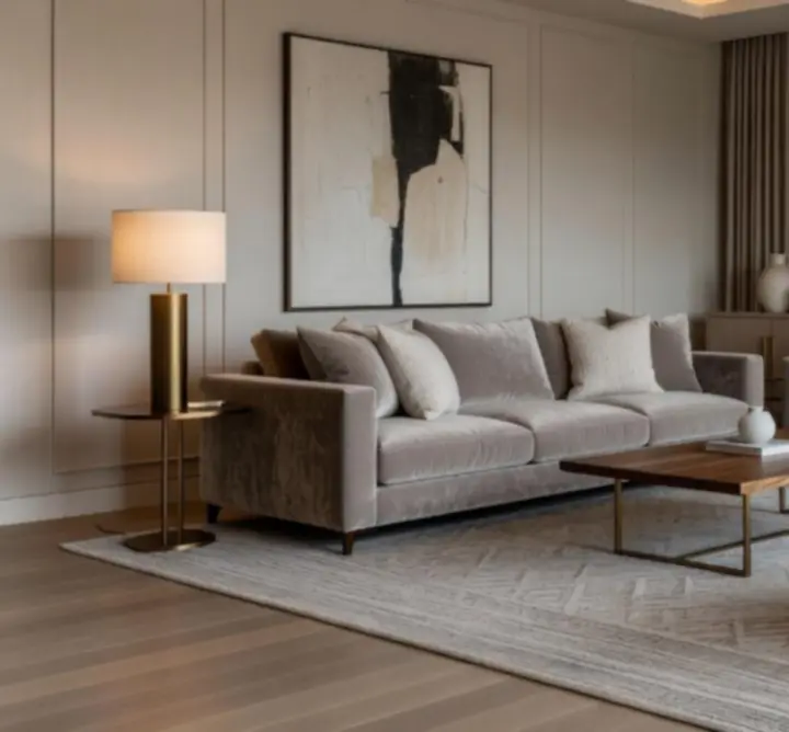 Sophisticated residential living room interior with soft neutrals and accent metallics