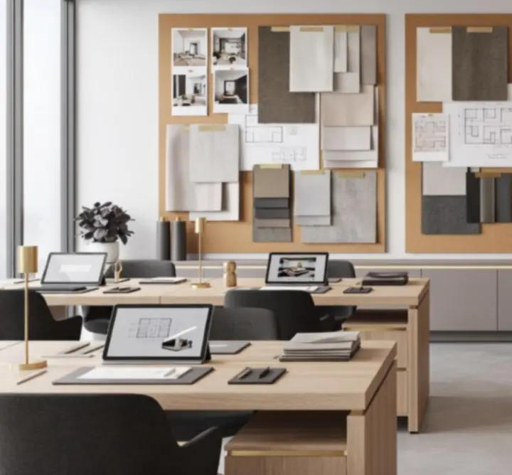 Atmospheric interior design studio with materials library and client meeting area