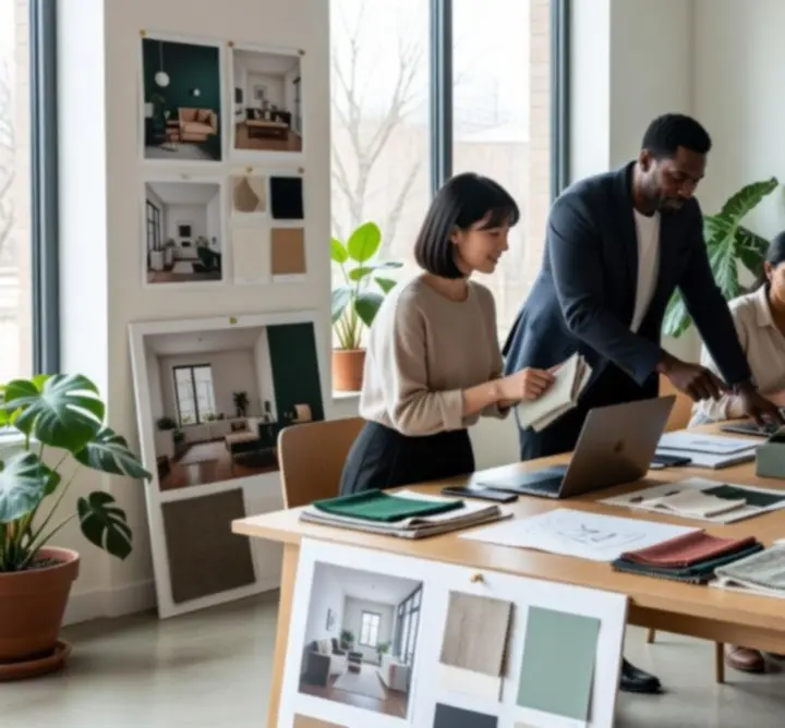 Design team from PIPS INTERIORS LTD collaborating around a workspace table
