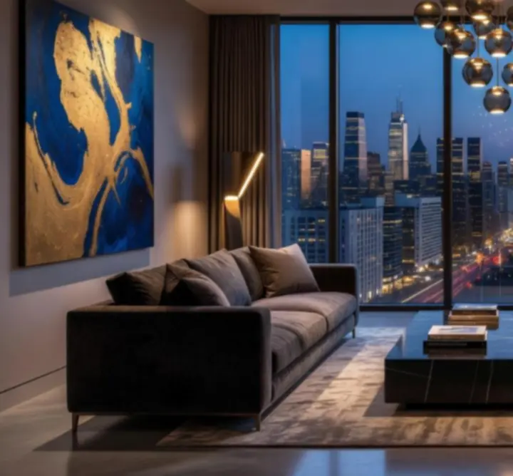 Urban penthouse living area with panoramic views, refined furnishings, and warm metallic accents