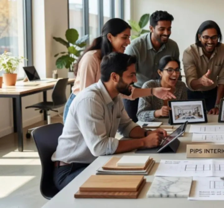 Team members collaborating in a modern workspace interior