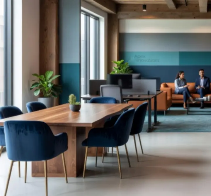 Open-plan workplace interior with collaborative and focused zones.